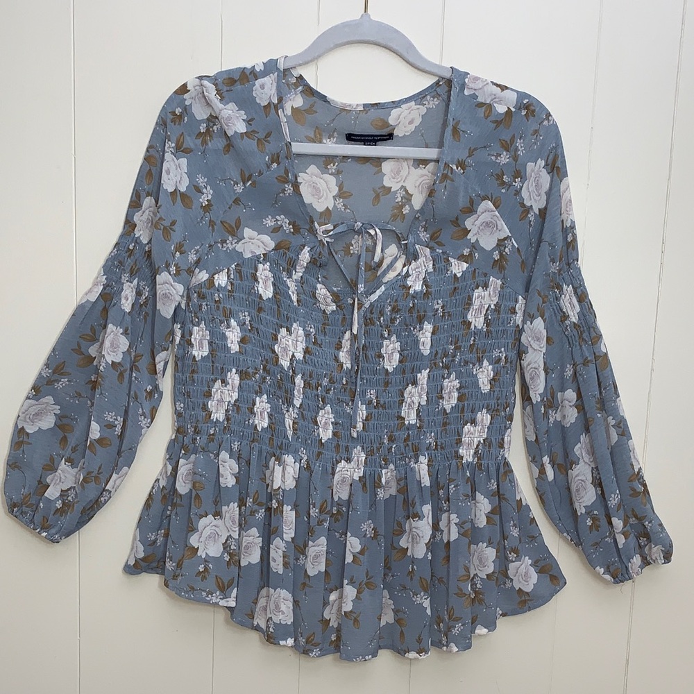 American Eagle Outfitters Dusty Blue Smocked Peasant Blouse